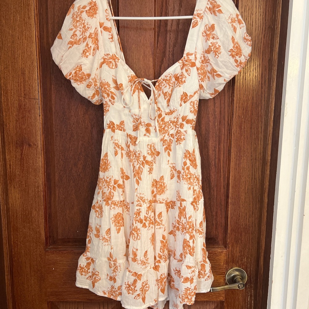 The Vintage Shop Floral Puff Sleeve Mini Dress Orange White Cottagecore Cutout